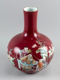 CHINESE FINELY PAINTED FAMILLE ROSE PORCELAIN BOTTLE VASE 20th Century Height 12.5".