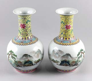 PAIR OF CHINESE FAMILLE ROSE PORCELAIN BOTTLE VASES Late 19th/Early 20th Century Heights 13".