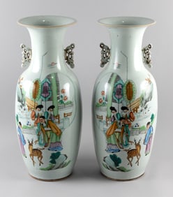 PAIR OF CHINESE FAMILLE ROSE PORCELAIN BALUSTER VASES Late 19th/Early 20th Century Heights 22".