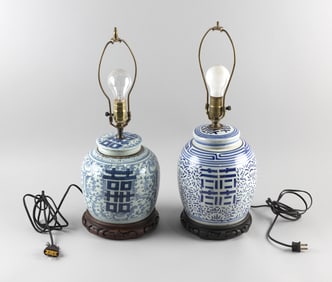 TWO SIMILAR CHINESE BLUE AND WHITE PORCELAIN COVERED GINGER JARS 19th/20th Century Jar heights 10"