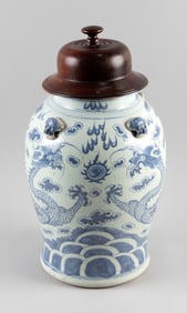 CHINESE BLUE AND WHITE PORCELAIN COVERED JAR Early 20th Century Height 16".