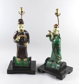 PAIR OF CHINESE MING-STYLE SANCAI PORCELAIN FIGURAL ROOF TILES 19th Century Figure heights 19".