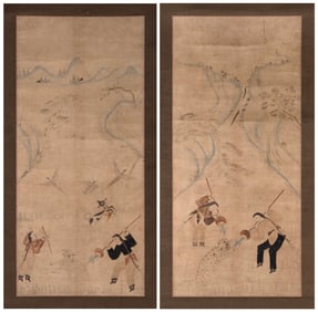 PAIR OF KOREAN SCROLL PAINTINGS OF HUNTERS 20th Century On silk, 24.5" x 12".