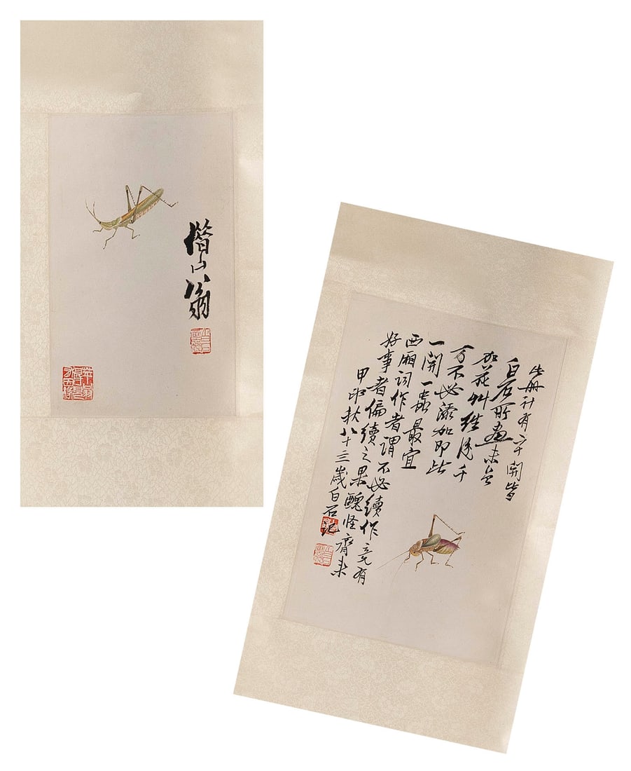 TWO CHINESE SCROLL PAINTINGS IN THE MANNER OF CHIH PAI SHIH 20th Century On paper, 11.5" x 8.25" and (1 of 3)