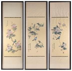 THREE CHINESE SCROLL PAINTINGS OF COLORFUL SONGBIRDS IN FLOWERING TREE BRANCHES 20th Century On
