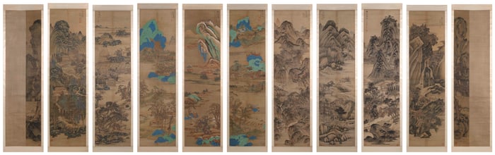 SET OF ELEVEN CHINESE SCROLL PAINTINGS OF MOUNTAIN VIEWS ACROSS THE SEASONS On silk, each approx.