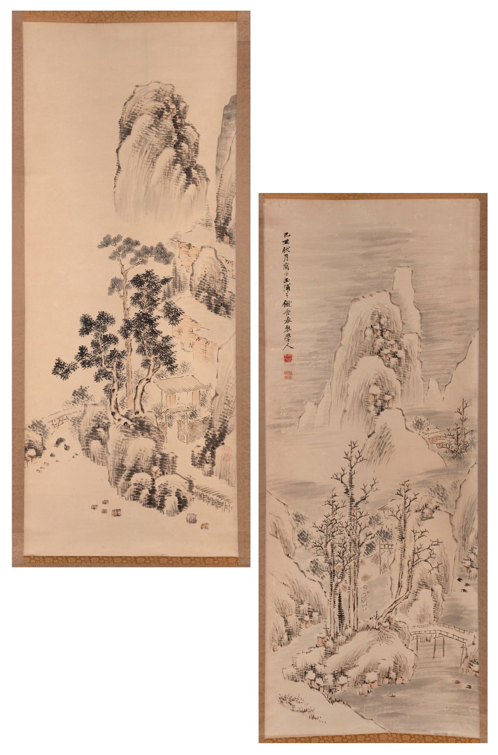 URAGAMI SHUNKIN (China, 1778-1846), Pair of scroll paintings depicting summer and winter mountain (1 of 3)