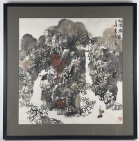 GE JIAN-WEI (China, 1951-), Village landscape., Watercolor on paper, 26" x 26" sight. Framed 34" x