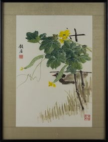 CHINESE PAINTING OF A DUCK AND GOURDS 20th Century Watercolor on paper, 19" x 12.5" sight. Framed