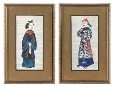PAIR OF CHINESE RICE PAPER PORTRAIT PAINTINGS 19th Century 6.75" x 3.25". Framed 10" x 6.25".