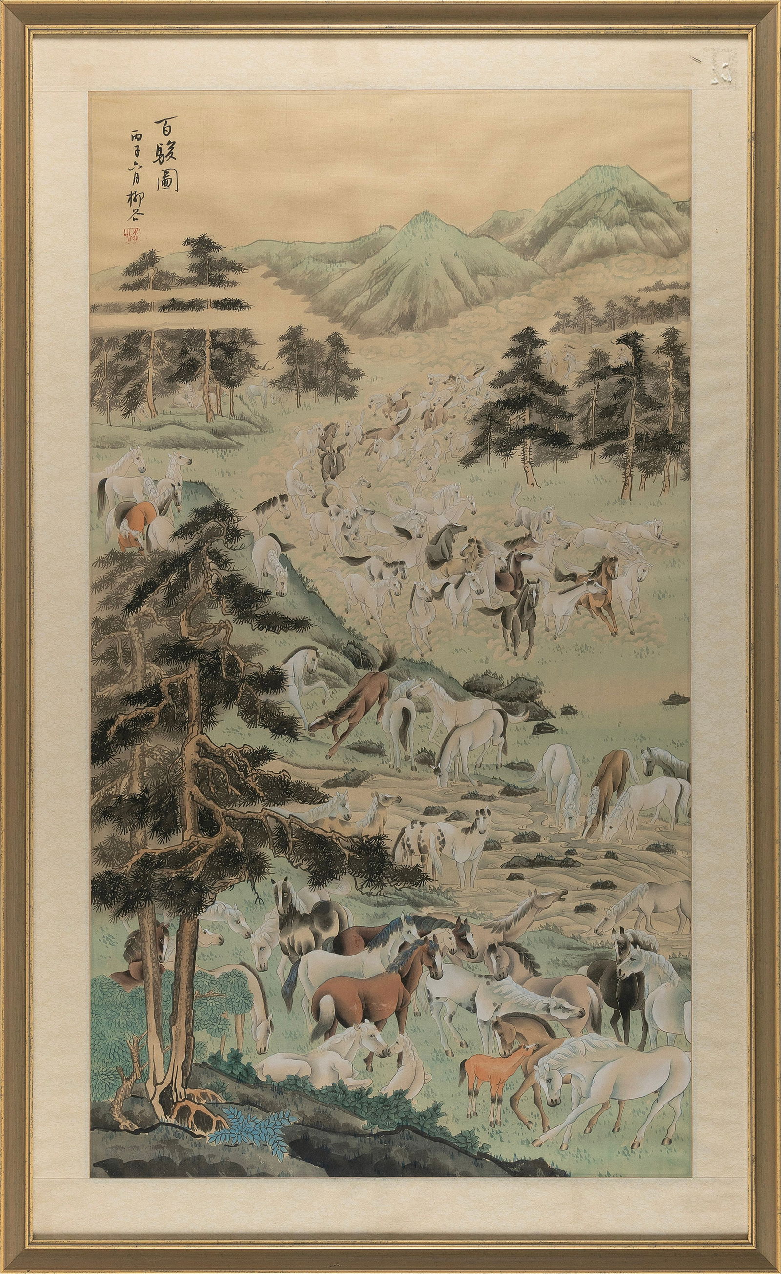 CHINESE PAINTING HORSES IN A MOUNTAIN LANDSCAPE 20th Century On silk, 43.5" x 24" sight. Framed 51" (1 of 2)