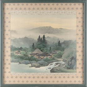 CHINESE PAINTING OF A VILLAGE ON A RIVERBANK Early 20th Century On silk, 18" x 20". Framed 28" x