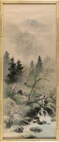 CHINESE PAINTING OF A MOUNTAIN RIVER Late 19th/Early 20th Century On silk, 42" x 16" sight. Framed