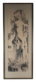 ASIAN PAINTING EN GRISAILLE 20th Century Ink and watercolor on paper, 46" x 15.5" sight. Framed