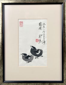 IN THE MANNER OF QI BAISHI (China, 20th Century), Two chicks., On paper, 8.5" x 5" sight. Framed 15"