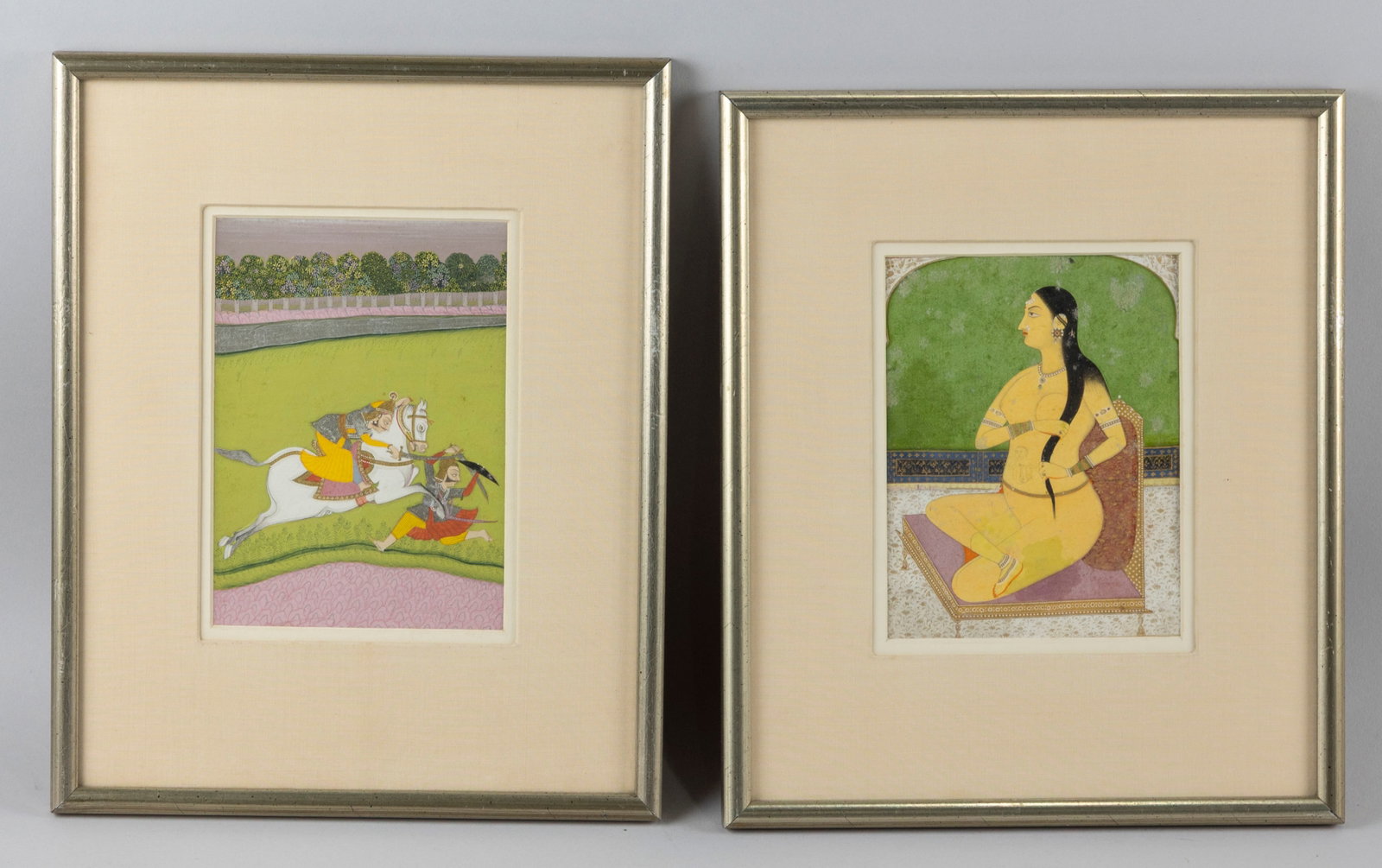 TWO PERSIAN MUGHAL-STYLE ALBUM PAINTINGS India, 18th/19th Century Gouaches on paper, 7.5" x 5": TWO PERSIAN MUGHAL-STYLE ALBUM PAINTINGS India, 18th/19th Century One depicts a seated pregnant nude, and the other a swordsman on horseback charging alongside a figure on foot. Gouaches on paper, 7.5