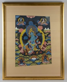 TIBETAN THANGKA 20th Century Gouache on fabric, 22" x 16" sight. Framed 35" x 28".
