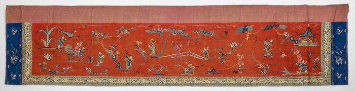 CHINESE RED SILK NEEDLEWORK ALTAR CLOTH Late 19th/Early 20th Century 17.25" x 72".