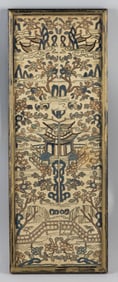 CHINESE FORBIDDEN STITCH NEEDLEWORK SLEEVE BANDS 19th Century 19.5" x 6.5" sight. Framed 20.5" x