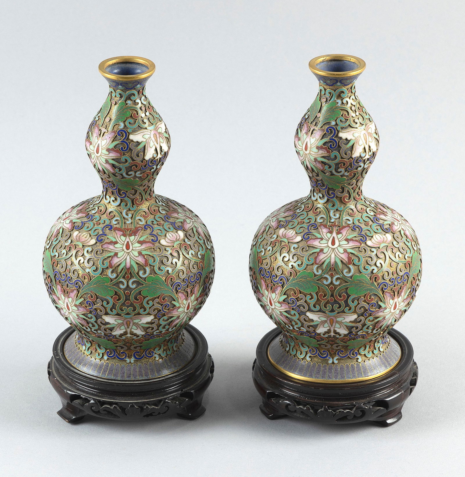 PAIR OF CHINESE CLOISONNE ENAMEL DOUBLE GOURD VASES Early 20th Century Heights 7.5". With wooden (1 of 4)
