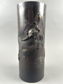 JAPANESE BRONZE CYLINDRICAL VASE Meiji Period Height 12".