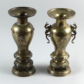 PAIR OF JAPANESE BRONZE AND MIXED METAL VASES Late 19th/Early 20th Century Heights 12". Diameter