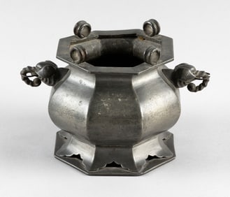 CHINESE PEWTER CENSER Late 19th/Early 20th Century Height 5.25". Length across handles 8".