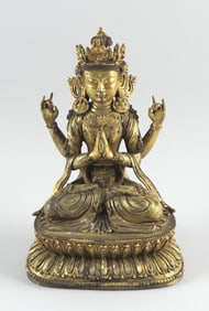 SINO-TIBETAN GILT BRONZE FIGURE OF SUKHAVATI AVALOKITESHVARA Ming Style Height 11.5".