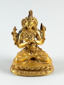 SINO-TIBETAN GILT BRONZE FIGURE OF BODHISATTVA MAITREYA 18th Century Height 7".