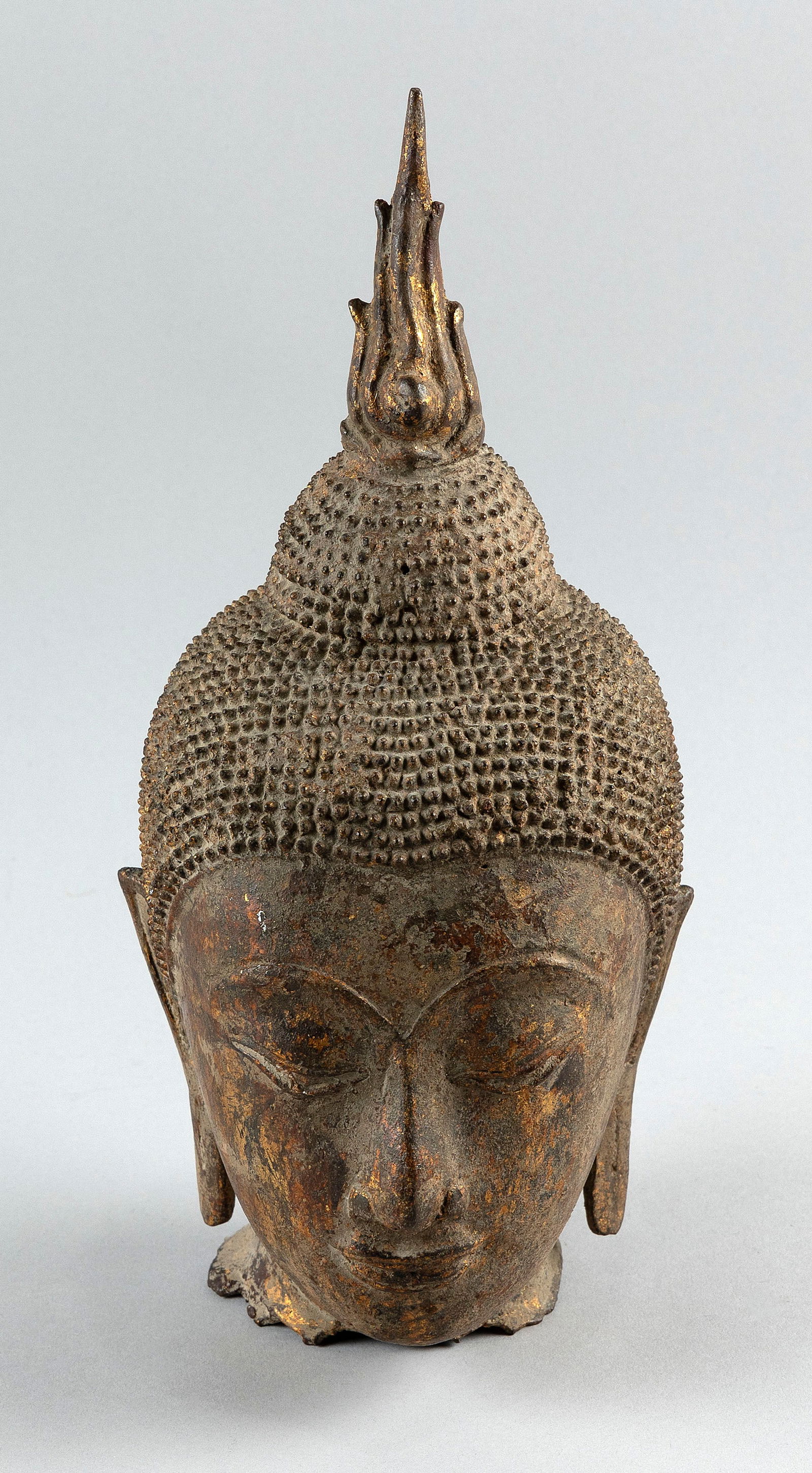 THAI GILT BRONZE BUDDHA HEAD Possibly 15th Century Height 13". (1 of 3)