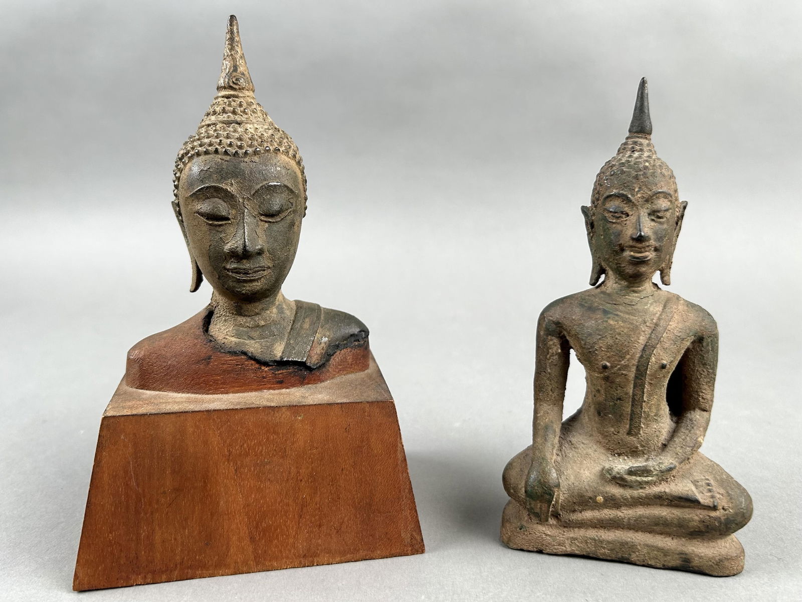 THAI BRONZE SEATED BUDDHA AND BUDDHA HEAD Heights 5.25" and 6.5". (1 of 8)