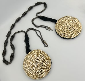 INDIAN CEREMONIAL COWRIE SHELL AND SILVER NECKLACE 19th Century Medallion diameters 5.5". Chain