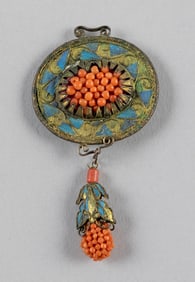 CHINESE KINGFISHER AND CORAL PENDANT Late 19th/Early 20th Century Length 3".