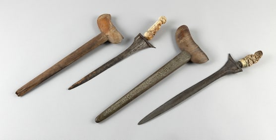 TWO INDONESIAN KRIS AND SCABBARDS 19th Century Lengths 18" and 18.5".