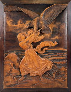 FOLK ART RELIEF-CARVED WOODEN PANEL DEPICTING A WOMAN AND TWO-HEADED EAGLE Late 19th/Early 20th: FOLK ART RELIEF-CARVED WOODEN PANEL DEPICTING A WOMAN AND TWO-HEADED EAGLELate 19th/Early 20th CenturyInitialed "K" lower left.20" x 14.25".