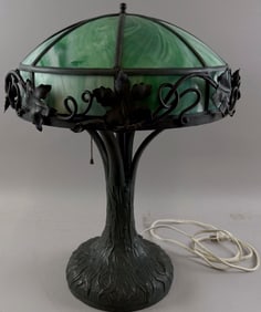 GREEN SLAG GLASS TABLE LAMP Mid-20th Century Height 21".