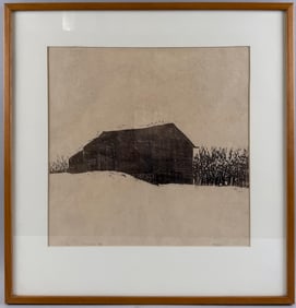 WOODBLOCK PRINT "PERLEY BARN" 20th Century 14" x 14" sight. Framed 21" x 20".