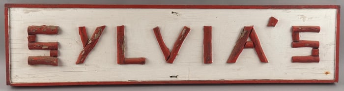 "SYLVIA'S" PAINTED WOODEN CAMP SIGN 20th Century Height 9.5". Width 39".