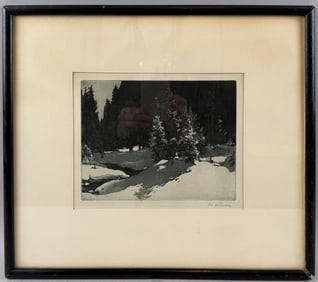 AMERICAN SCHOOL (20th Century,), Winter forest scene en grisaille., Print, 6.5" x 7". Framed 14" x