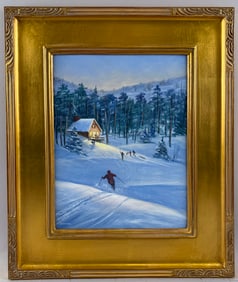 LEO AMARAL (Massachusetts, Contemporary), Skiing at dusk., Oil on board, 14" x 11". Framed 20.5" x