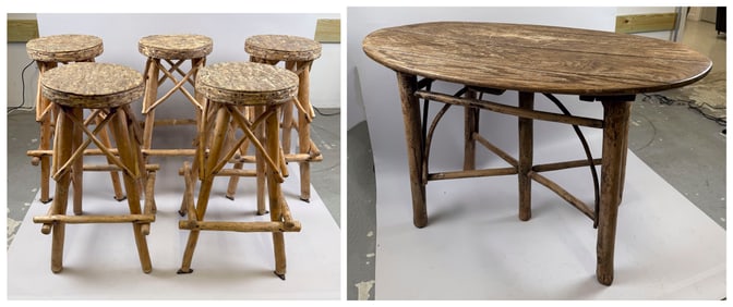 ADIRONDACK TABLE AND FIVE STOOLS 20th Century Table height 34". Top 51" x 28".
