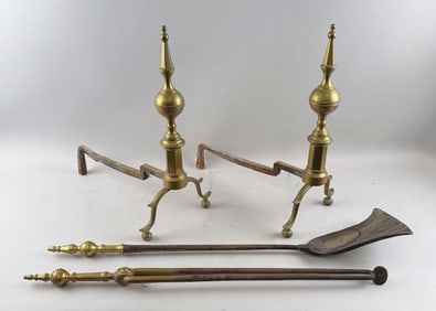 PAIR OF BRASS STEEPLE-TOP ANDIRONS WITH MATCHING FIREPLACE TONGS AND SHOVEL 20th Century Andiron
