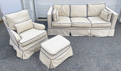 MATCHING SLIP-COVERED SOFA, CLUB CHAIR AND OTTOMAN Contemporary Sofa back height 30". Seat height