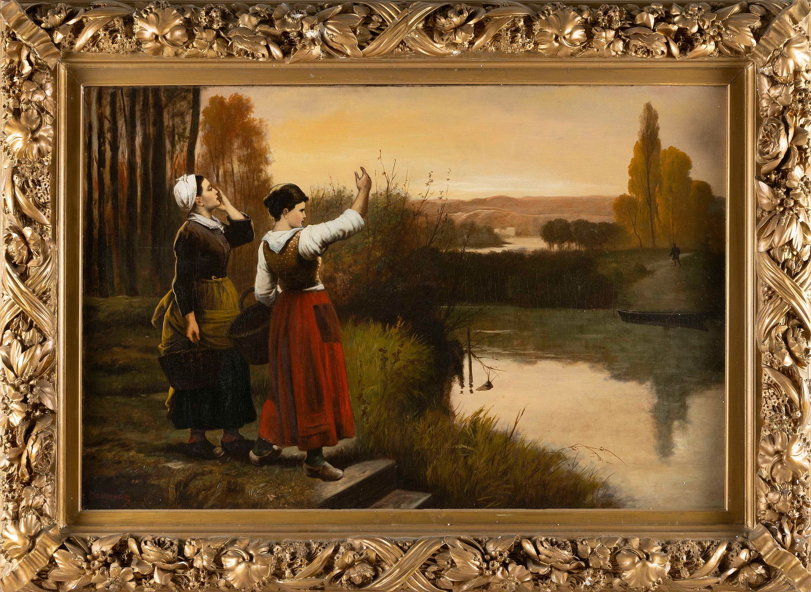 CONTINENTAL SCHOOL (19th Century,), Two young women calling to a man across a pond., Oil on canvas, (1 of 2)