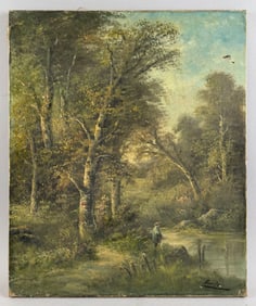 CONTINENTAL SCHOOL (Early 20th Century,), Figure by a riverside., Oil on canvas, 21.75" x 18".