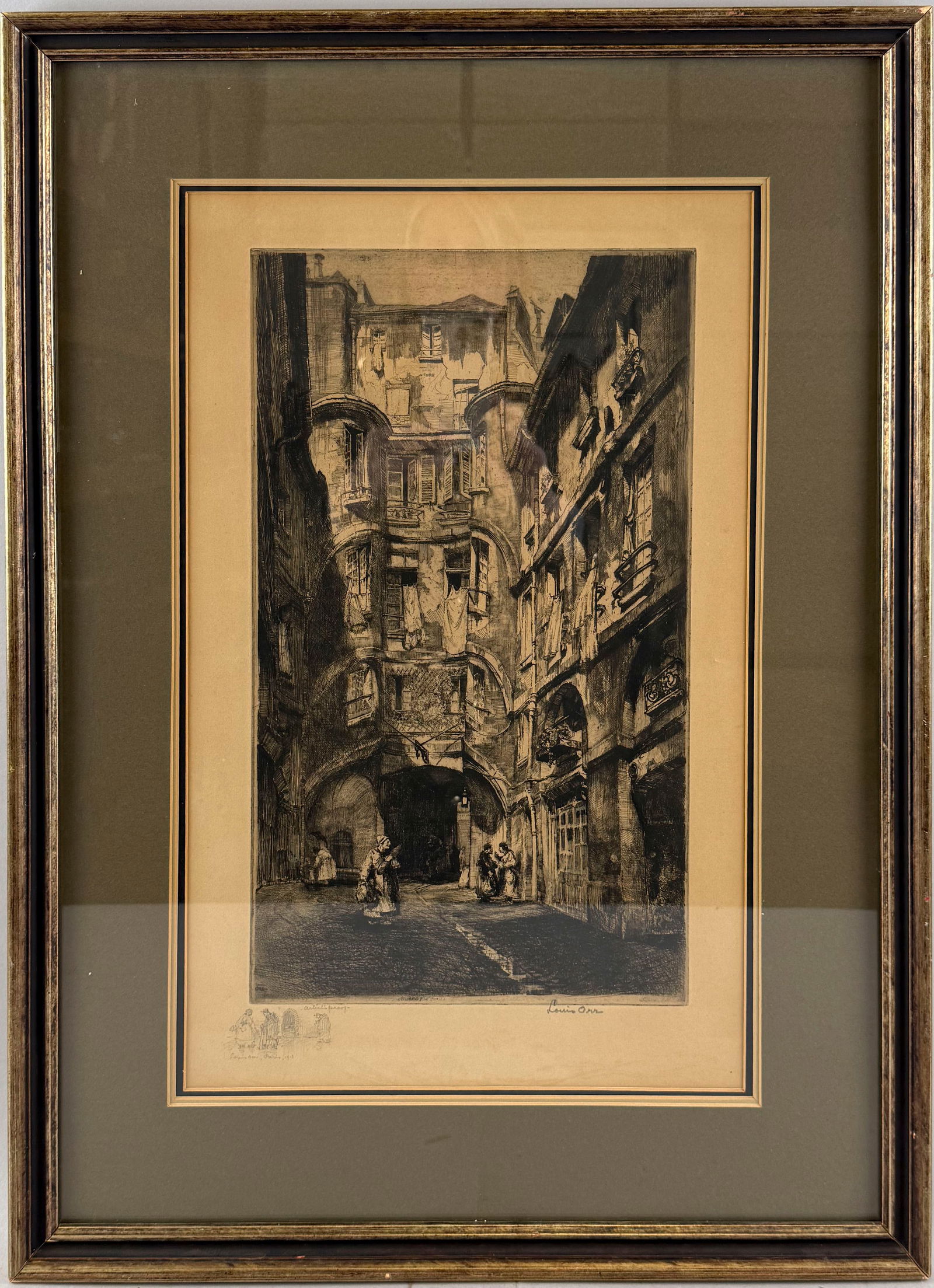 LOUIS ORR (Connecticut/France, 1879-1966), Street in France., Etching on paper, 17" x 10". Framed: LOUIS ORRConnecticut/France, 1879-1966Street in France. An artist's proof. Signed in pencil lower right "Louis Orr". Artist's cartouche lower left.Etching on paper, 17" x 10". Framed 27" x 20".