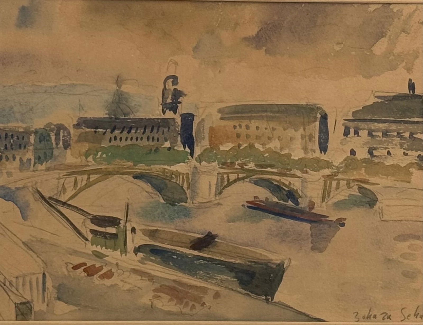 ZAHARA SCHATZ (New York/California/Israel, 1916-1999), River landscape., Watercolor, 8.5" x 11.5": ZAHARA SCHATZNew York/California/Israel, 1916-1999River landscape. Signed lower right "Zahara Schatz".Watercolor, 8.5" x 11.5" sight. Framed 14.5" x 17".