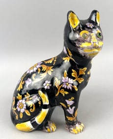 FRENCH HAND-PAINTED CERAMIC CAT 20th Century Height 8.5".