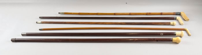COLLECTION OF SIX CANES Late 19th/Early 20th Century Lengths from 33.75" to 36.25".