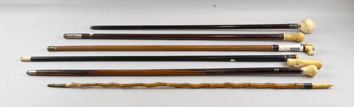 SIX CANES AND WALKING STICKS 19th/Early 20th Century Lengths from 32.25" to 35.25".